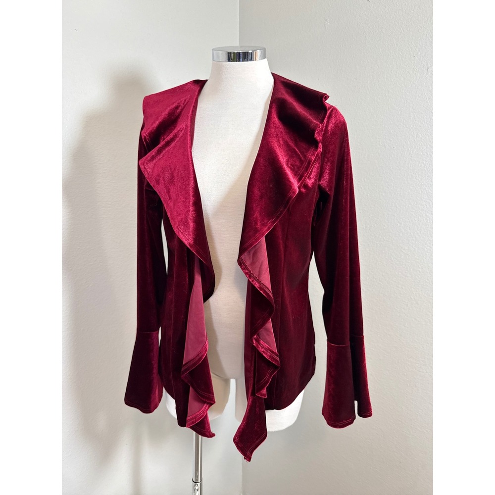 Notations Y2K Burgundy Velvet Ruffle Front Bell Sleeve Open Cardigan‎ Jacket M